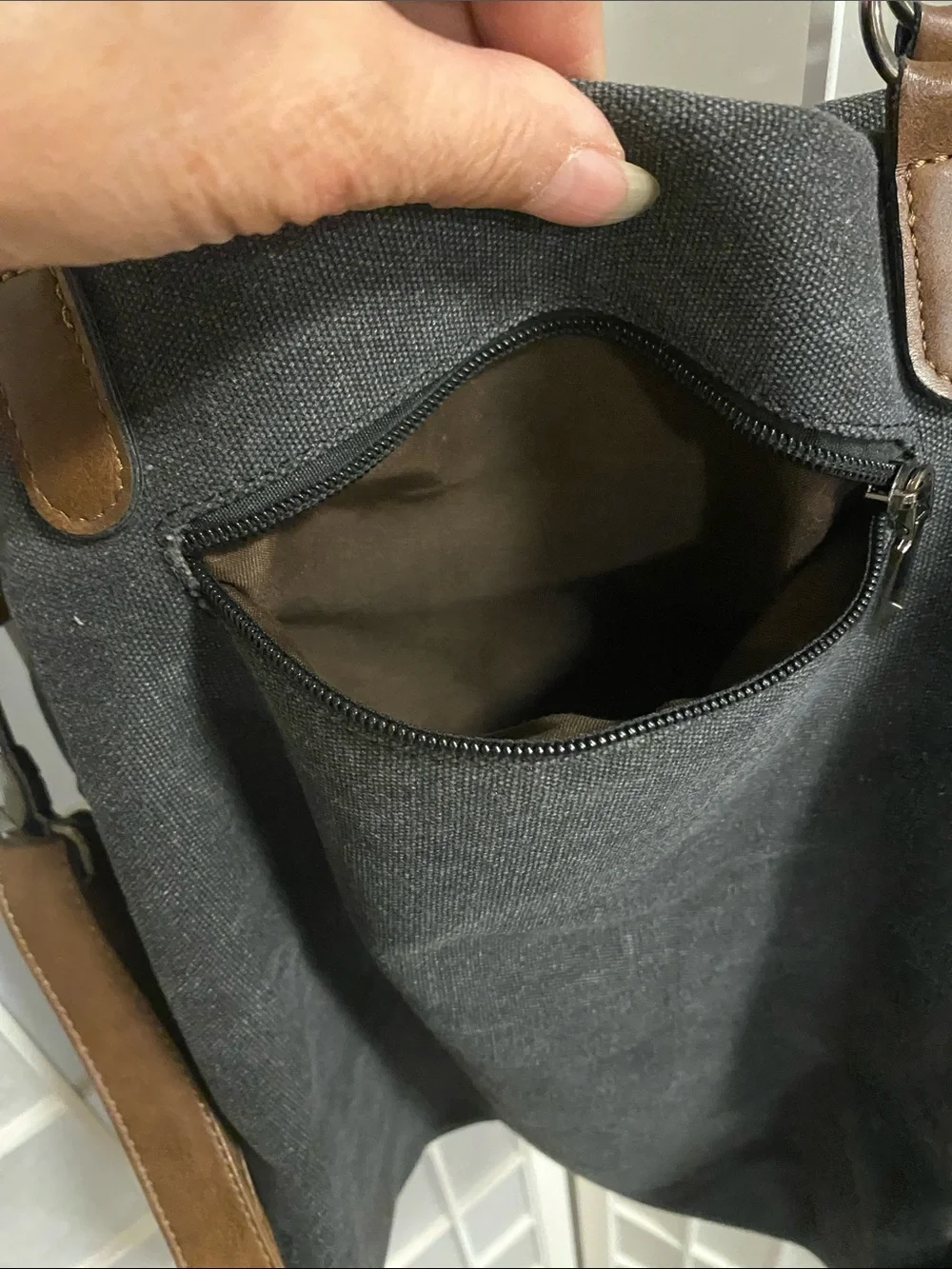 Paris Stamp light black Canvas Tote with Brown Handles and shoulder strap